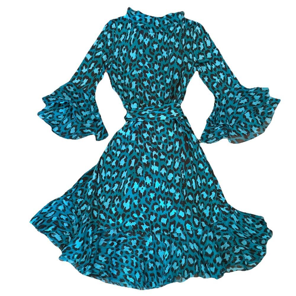 Diane Von Furstenberg DVF Carli Wrap Dress 2 Teal Leopard Silk Jersey NWT - Picture 6 of 12